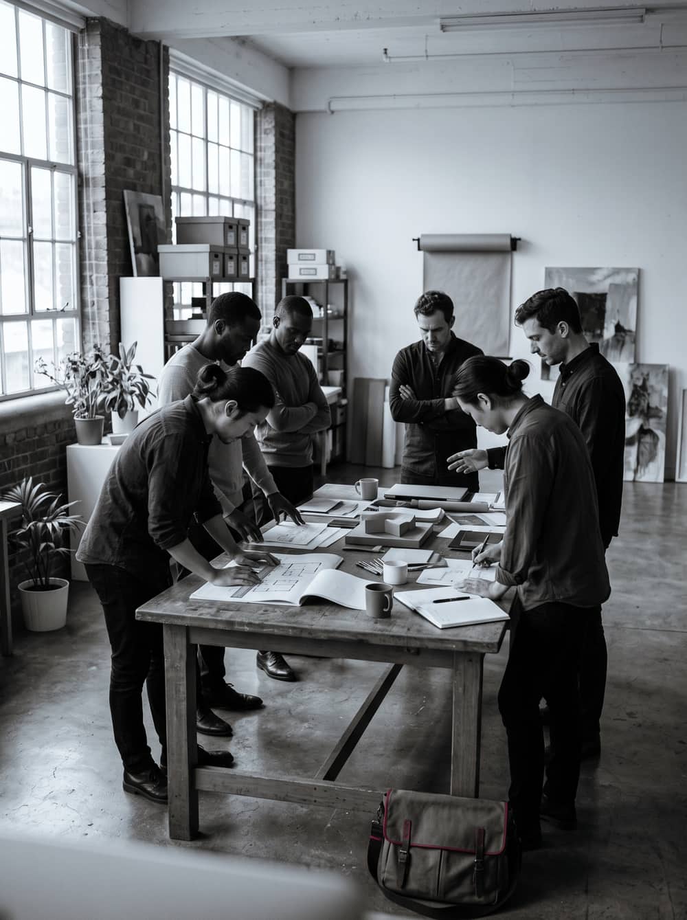 A group of colleagues gathered around a large work table in a studio, reviewing drawings together.